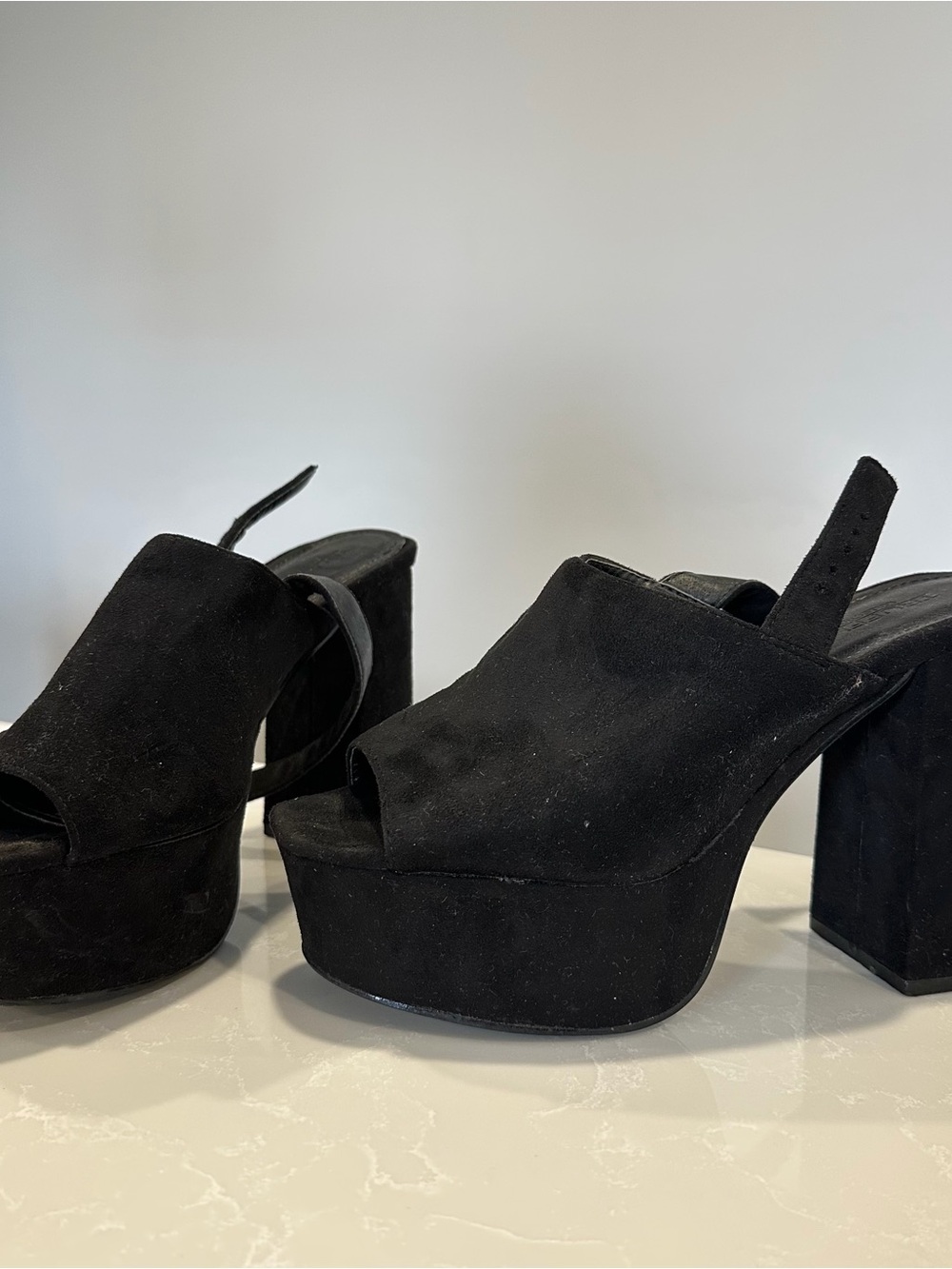 Black Suede 4 Inch Platform Chunky Mule Heels - Size 7
